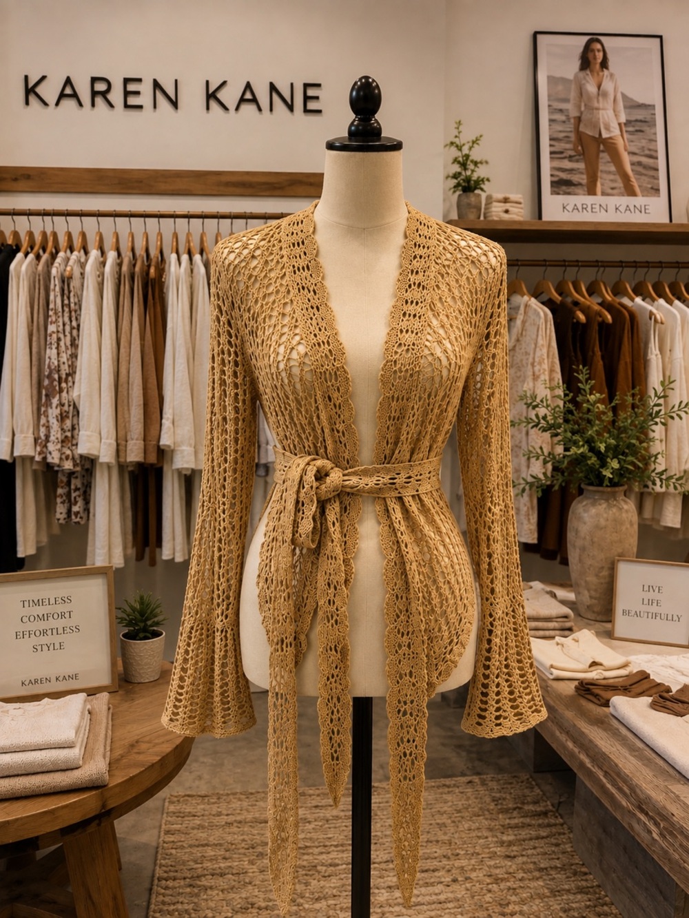 Karen Kane Crochet Sweater Bell Sleeves Tan